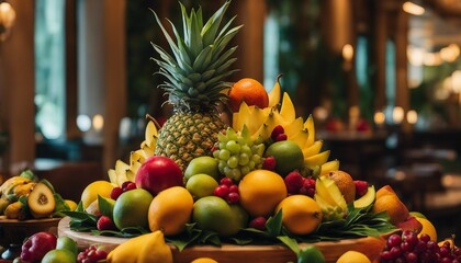Exotic Fruit Display in a Luxury Resort, a display of colorful and exotic fruits in an upscale