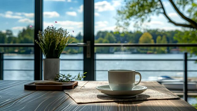 a cup of coffee on the table, flowers, butterflies fluttering with a lake view Seamless looping time-lapse 4k animation video background  Generated AI
