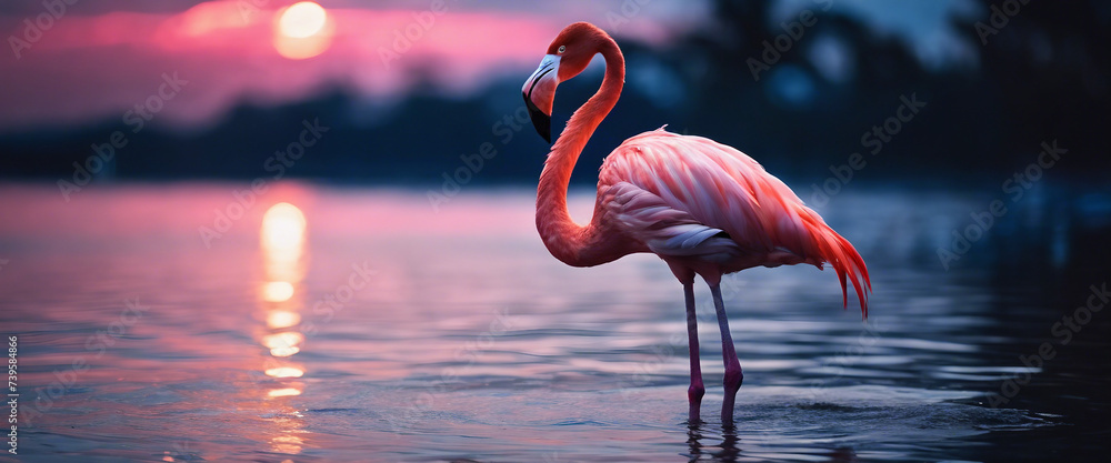 Wall mural Flamingo on a Dark Water Background, the pink feathers striking against the dark blue