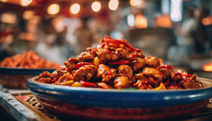 Fiery Kung Pao Chicken, vibrant with peppers, with the hustle of a busy Sichuan kitchen blurred  - obrazy, fototapety, plakaty