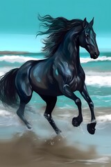 a painting of a horse running on the beach, a digital painting, by Ancell Stronach, deviantart, black and aqua colors, full body portrait of a zentaur, high detailed cartoon, beautiful, youtube thubn