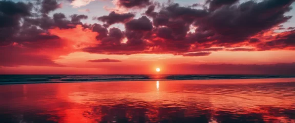 Papier Peint photo Lavable Bordeaux Fiery Red Sunset Over a Calm Ocean, the sky's colors reflecting and contrasting with the water