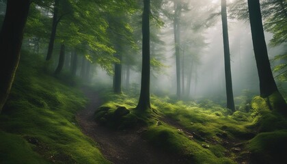 Forested Wilderness, the dense greenery and foggy backdrop creating a mystical setting
