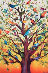 a painting of a tree with birds on it, by Judith Brown, behance contest winner, vibrant palette, anamorphic illustration, twitter, loosely cropped, jeremy cowart, exhibition catalog, connectedness,we