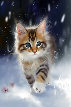 a cat that is walking in the snow, a digital painting, computer art, soft airbrushed artwork, an adorable kitten, cheerful expression, art for the film in color, quadruped, fluffy ears and a long, is
