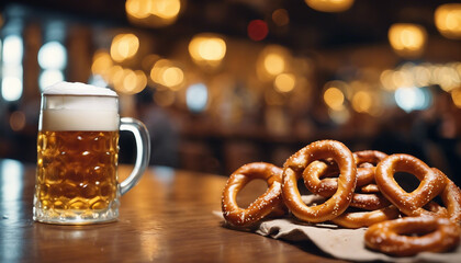German Beer and Pretzels, a frothy mug and salted pretzels, with the boisterous energy - obrazy, fototapety, plakaty