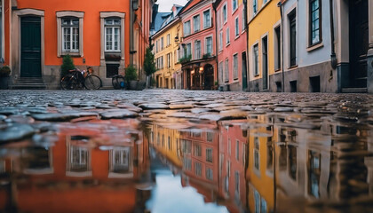 Gleaming Cobblestone Street in an Old European Town, after the rain, reflecting the colorful  - obrazy, fototapety, plakaty
