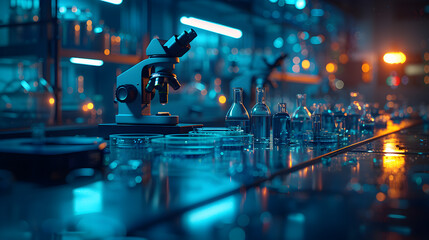 A biological research facility with microscopes and scientists analyzing samples.
