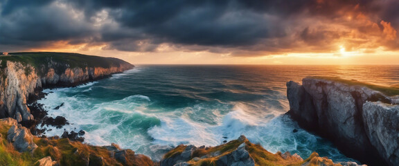 High Cliffs Overlooking a Turbulent Sea at Sunset, the HDR intensifying the drama of the scene