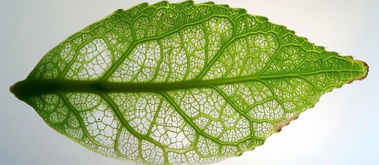Macro close-up of a vibrant green leaf with intricate veins pattern - obrazy, fototapety, plakaty