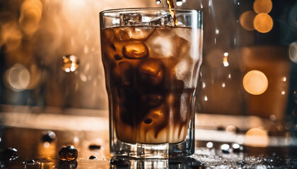  Iced Coffee with Droplets, macro shot of ice cubes and coffee, with light reflecting and creating - obrazy, fototapety, plakaty