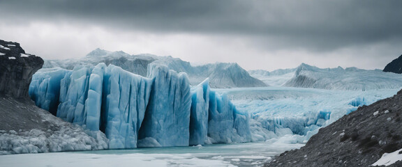 Icy Blue Glacier with Deep Crevasses, the blue ice stark against the white snow and grey rock - obrazy, fototapety, plakaty