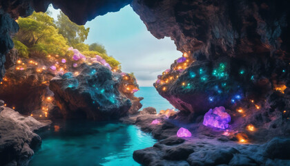 Magical Grotto with Bioluminescent Stones, the walls aglow with an otherworldly 
