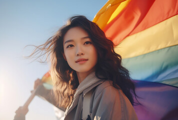A young woman holds a rainbow flag