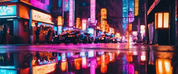 Poster Neon Lights Reflection on a Rainy City Street, creating a kaleidoscope of colors on the wet pavement © vanAmsen