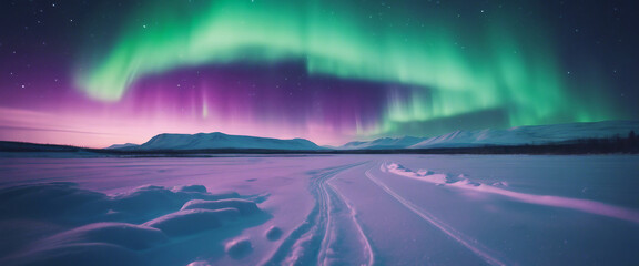 Northern lights over a snowy landscape, the sky alive with green and purple auroras, creating