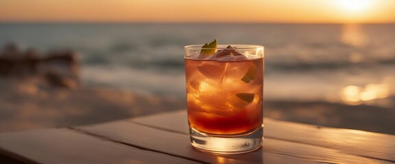 Oceanfront Sunset Aperitif, a sophisticated cocktail setting with a view of the sun setting  - obrazy, fototapety, plakaty