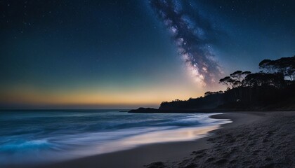 Sapphire Starlight Bay, a coastal scene where bioluminescent algae mimic the starry sky above.