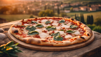 Rustic Italian Pizza, wood-fired, with bubbling mozzarella, against the backdrop of a quaint Tuscan
