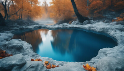 Sapphire Blue Geothermal Pool Surrounded by Autumn Forest, the water's steam creating a mystical