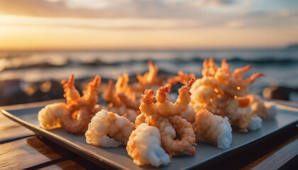 Seafood Tempura, with scallops and squid, set before the soft-focus seascape of a coastal Japanese - obrazy, fototapety, plakaty
