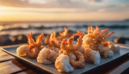 Foto op Canvas Seafood Tempura, with scallops and squid, set before the soft-focus seascape of a coastal Japanese © vanAmsen