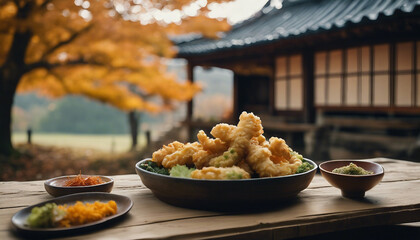  Seasonal Tempura, with autumnal vegetables, set against the rustic, earthy tones of a countryside 
