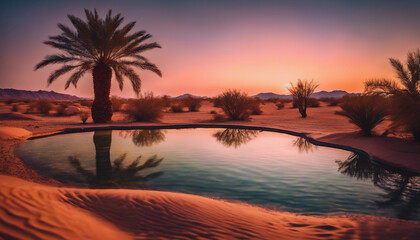 Shimmering Oasis in a Desert at Sunset, the water reflecting the intense colors of the desert
