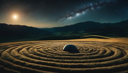 Fototapeta na wymiar Starship Fields, rolling hills with patterns resembling crop circles under a galaxy-filled night sky