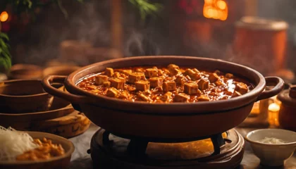 Papier Peint photo Pékin Spicy Mapo Tofu, in a traditional clay pot, with the warm ambiance of an old Beijing