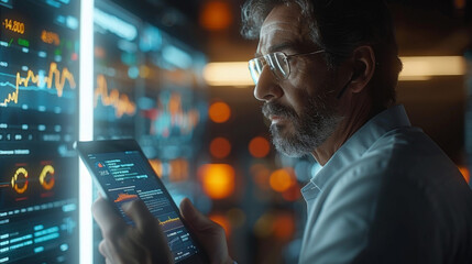 In a sleek modern office setting a businessman holds up a tablet displaying a stock market graph overlaid with realtime data and financial news headlines. The graph appears