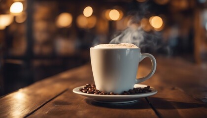 Steamy Coffee Mug, on a rustic café table, with a blurred background of a cozy, book-lined coffee - obrazy, fototapety, plakaty