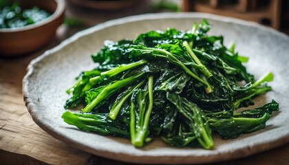 Stir-Fried Chinese Greens, vibrant and fresh, against a rustic farmhouse kitchen setting