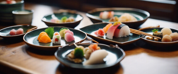 Traditional Japanese kaiseki meal, an array of small, delicate dishes artfully arranged on a wooden