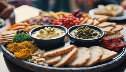 Turkish Meze Platter, a spread of colorful dips and bread, with the iconic sights of Istanbul 