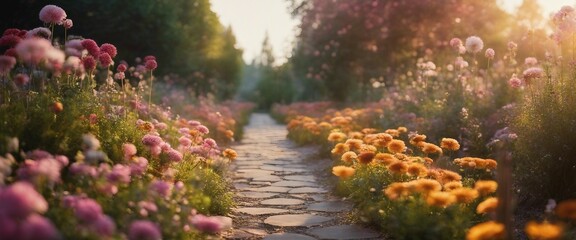 Whimsical Garden Pathway, lined with glowing flowers leading to a soft-focus, dreamlike horizon - obrazy, fototapety, plakaty