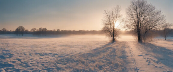 Winter Sunrise Over a Snow-Covered Field, with the snow glistening and the bare trees casting  - Powered by Adobe