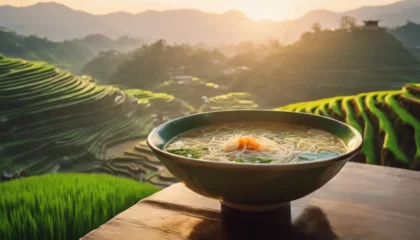 Foto auf Leinwand Yunnan Rice Noodle Soup, with a backdrop of the terraced rice fields of Yunnan at sunrise © vanAmsen