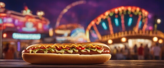 A gourmet hot dog complete with all the fixings, set against the colorful blur of an amusement park