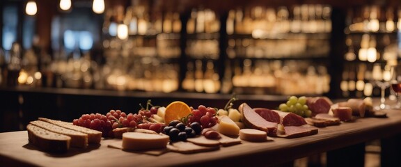 A lavish charcuterie board stretches across the frame, with the soft, romantic blur of a wine bar