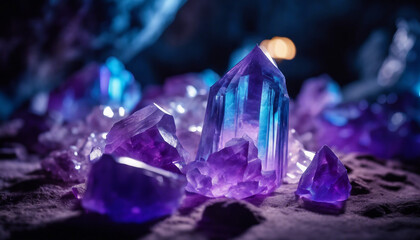 A crystal cave with neon blue and purple lighting, highlighting the sharp edges of the crystals