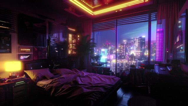 A room that combines comfort and technology, with a spectacular view of the city&rsquo;s nightlife. A cozy bedroom with a stunning view of a neon-lit cityscape at night. Seamless loop animation render
