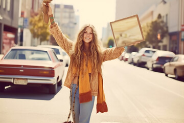 Young hippie woman hitchhiker stands on street and holds cardboard sign on sunny summer day. Lady went on trip alone, trying to stop passing car. Travel concept