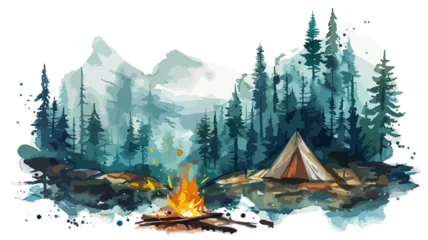 Poster Zelten Camping Landschaft Lagerfeuer Wald Outdoor Wildlife Wasserfarben Vektor © THM