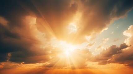 Fototapeta premium Dramatic sky as the sun sets, casting radiant beams of light through the clouds, Easter background