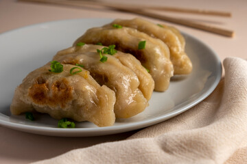 Plate with gyoza, dumplings with soy sauce.