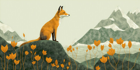 Stylized illustration of a fox on a hill with autumn leaves and distant mountains - obrazy, fototapety, plakaty