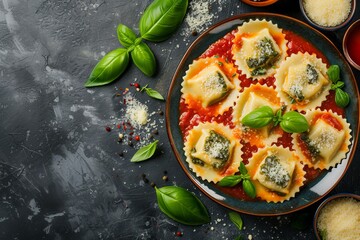 Italian ravioli with spinach and ricotta served with tomato sauce cheese and basil - obrazy, fototapety, plakaty