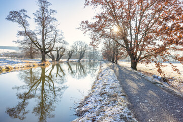 Winter snowy country with reflections of trees in a water at a sunny day. Region Pilsen in Czech Republic, Europe.