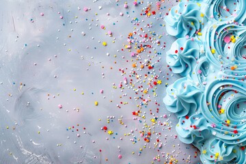 Grey background with blue buttercream cake sprinkled with colorful toppings - obrazy, fototapety, plakaty